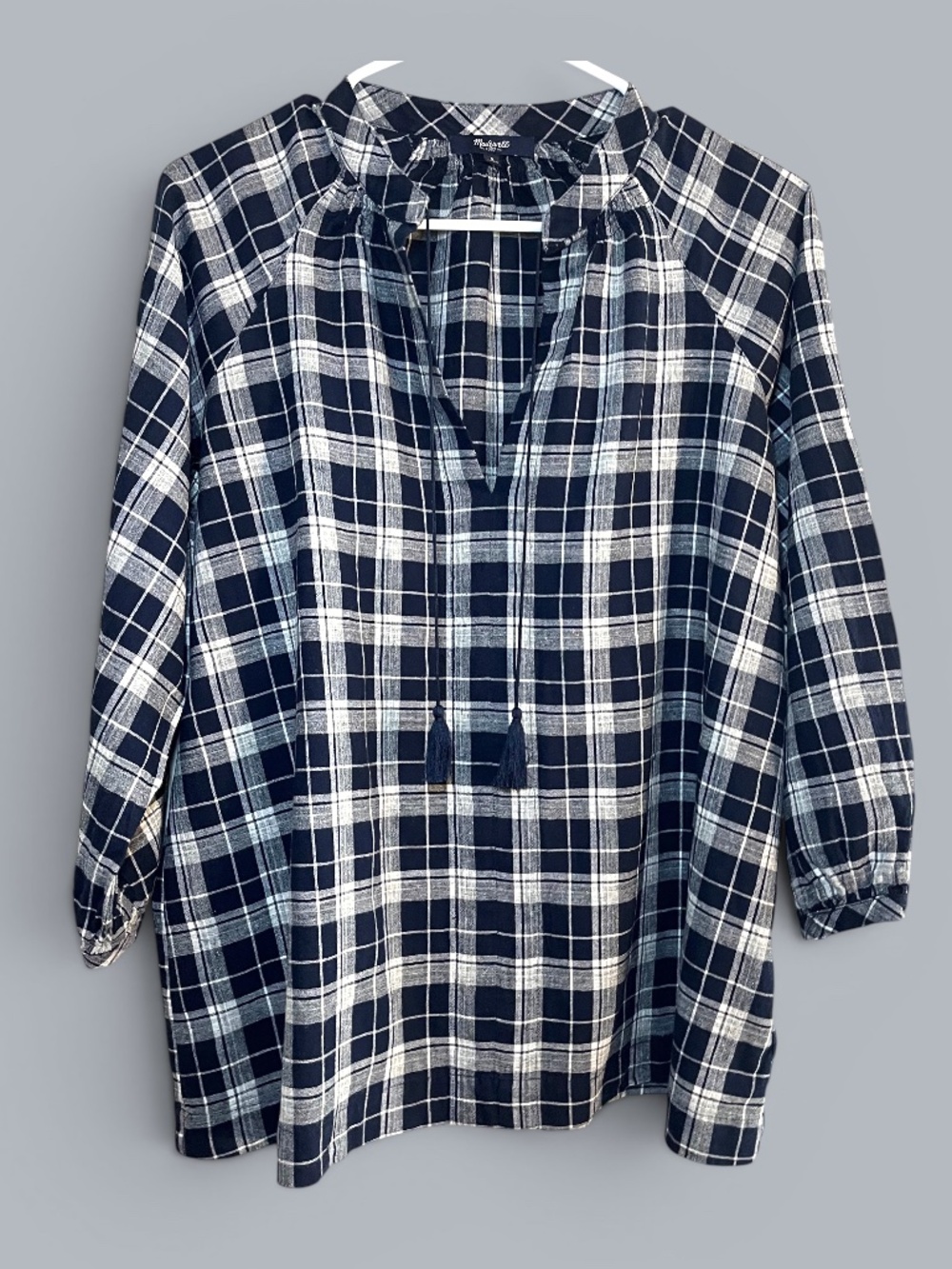 Madewell Linen Cotton Camilla Peasant Blouse Tassel Ties Navy Gray Plaid Size S